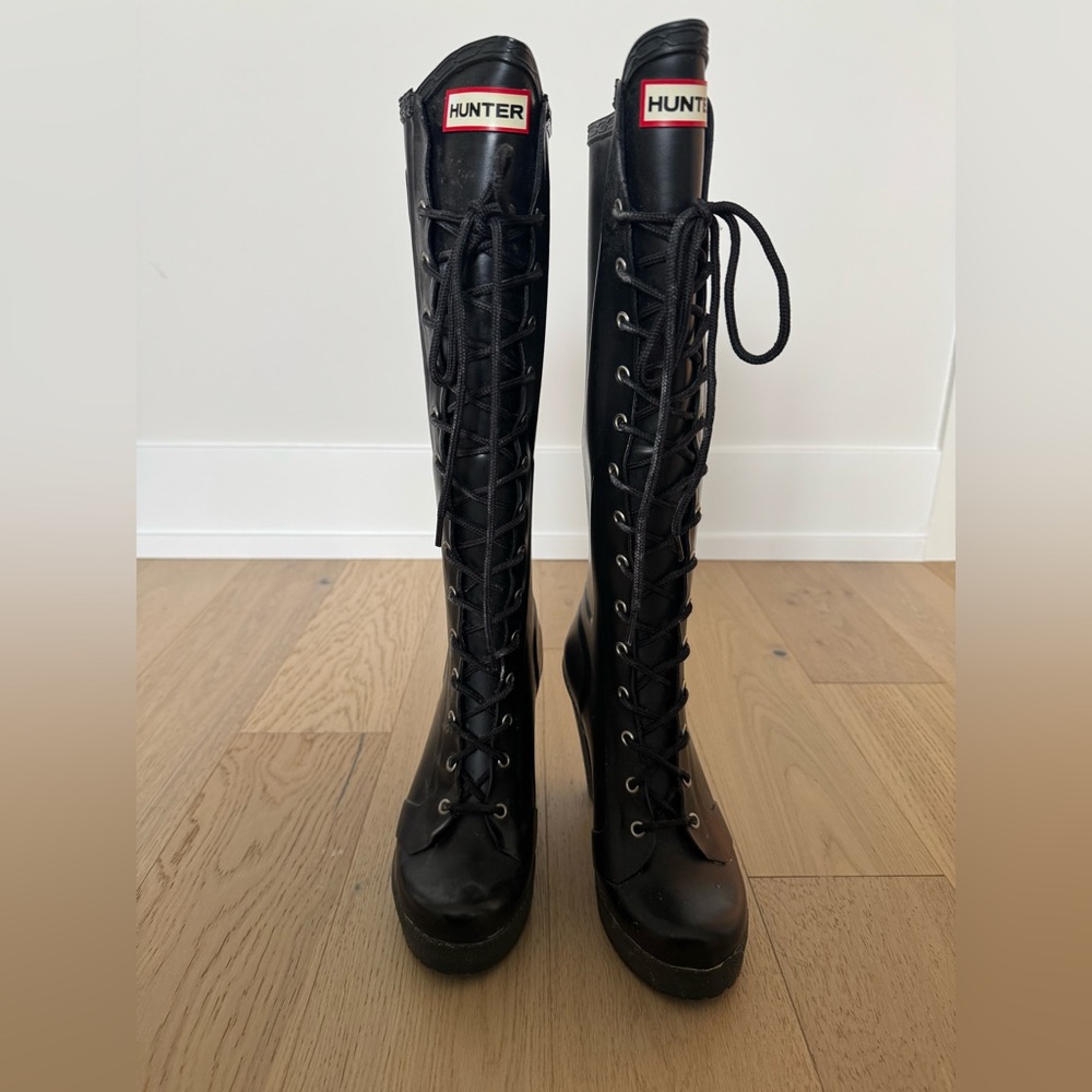 Hunter Black Faux Lace-Up Lapins Rain Boots